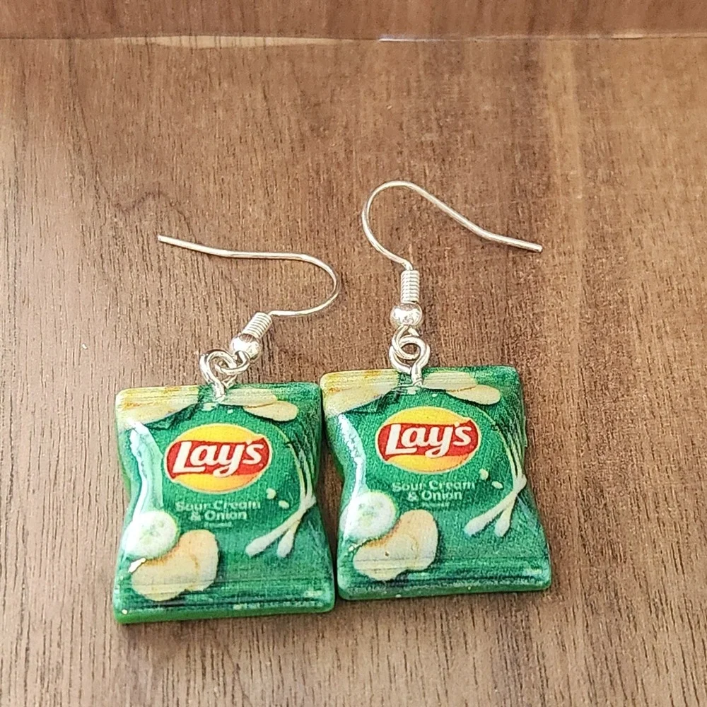 Handmade Sour Cream & Onion Chip Dangle Drop Earrings Fun Novelty Food NWOT‎
